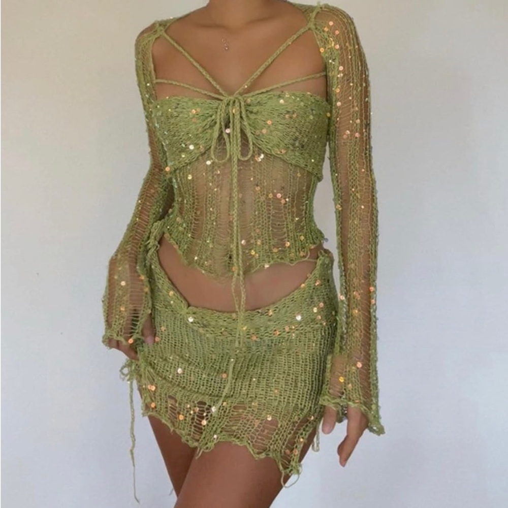 green 2 piece sequin, crochet set fairy outfit